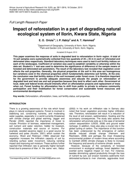 Impact of Reforestation in a Part of Degrading Natural Ecological System of Ilorin, Kwara State, Nigeria