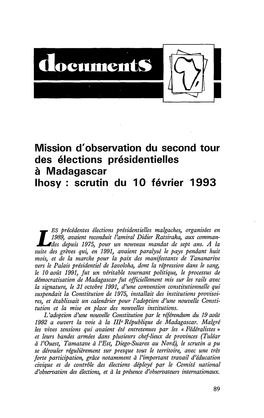 Mission D'observation Du Second Tour Des Élections Présidentielles À Madagascar Lhosy : Scrutin Du IO Février 1993