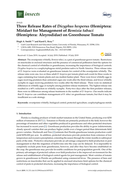 Three Release Rates of Dicyphus Hesperus (Hemiptera: Miridae) for Management of Bemisia Tabaci (Hemiptera: Aleyrodidae) on Greenhouse Tomato