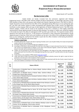 GOVERNMENT of PAKISTAN PAKISTAN PUBLIC WORKS DEPARTMENT ***** NO.EE/KCCD-III/AB/497 Dated, Karachi: 16Th June 2021