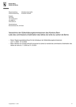 Verzeichnis Der Gültschätzungskommissionen Des Kantons Bern Liste Des Commissions D’Estimation Des Lettres De Rente Du Canton De Berne