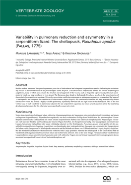 Variability in Pulmonary Reduction and Asymmetry in a Serpentiform Lizard: the Sheltopusik, Pseudopus Apodus (Pallas, 1775)