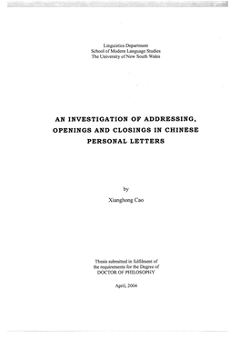 An Investigation of Addressing, Openings and Closings in Chinese Personal Letters