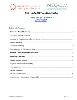 ASA / NCCAOM Town Hall #2 Q&A Table of Contents