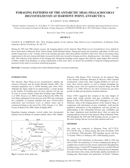 Foraging Patterns of the Antarctic Shag in Antarctica 169 FORAGING PATTERNS of the ANTARCTIC SHAG PHALACROCORAX BRANSFIELDENSIS at HARMONY POINT, ANTARCTICA