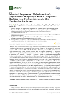 Behavioral Responses of Thrips Hawaiiensis (Thysanoptera: Thripidae) to Volatile Compounds Identiﬁed from Gardenia Jasminoides Ellis (Gentianales: Rubiaceae)