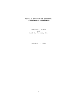 Russia's Invasion of Chechnya: a Preliminary Assessment