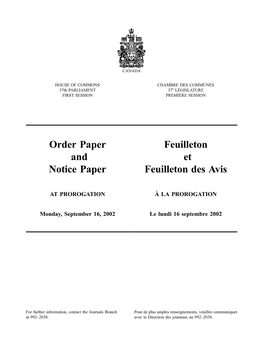 Order Paper and Notice Paper Feuilleton Et Feuilleton Des Avis