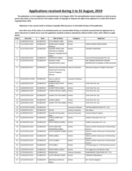 Applications Received During 1 to 31 August, 2019