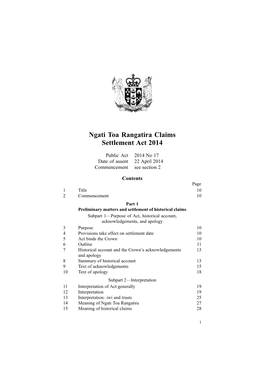 Ngati Toa Rangatira Claims Settlement Act 2014