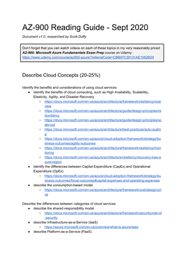 AZ-900 Reading Guide - Sept 2020 Document V1.0, Researched by Scott Duffy