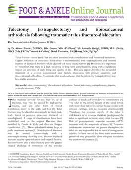 Talectomy (Astragalectomy) and Tibiocalcaneal Arthrodesis Following Traumatic Talus Fracture-Dislocation