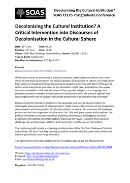 Decolonising the Cultural Institution? SOAS CCLPS Postgraduate Conference