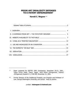 Prior Art Invalidity Defenses to E-Patent Infringement *