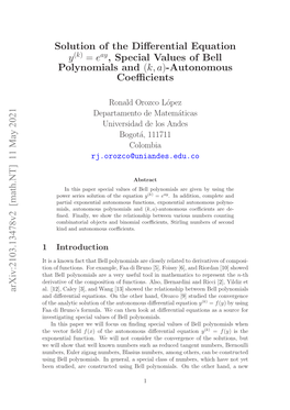 Arxiv:2103.13478V2 [Math.NT] 11 May 2021 Solution of the Differential Equation Y = E , Special Values of Bell Polynomials