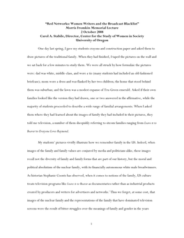 “Red Networks: Women Writers and the Broadcast Blacklist” Morris Fromkin Memorial Lecture 2 October 2008 Carol A. Stabile, D