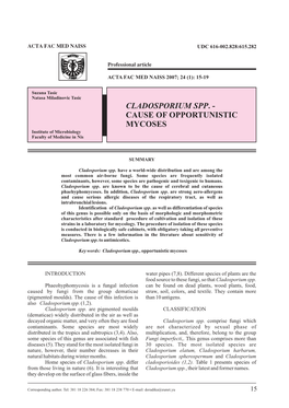 CLADOSPORIUM SPP.- CAUSE of OPPORTUNISTIC MYCOSES Institute of Microbiology Faculty of Medicine in Nis