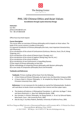 PHIL 192 Chinese Ethics and Asian Values Accreditation Through Loyola University Chicago