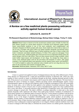 A Review on a Few Medicinal Plants Possessing Anticancer Activity Against Human Breast Cancer