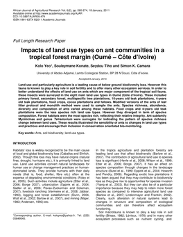 Impacts of Land Use Types on Ant Communities in a Tropical Forest Margin (Oumé – Côte D’Ivoire)