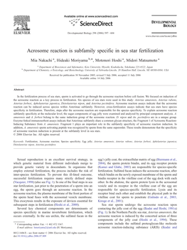 Acrosome Reaction Is Subfamily Specific in Sea Star Fertilization ⁎ Mia Nakachi A, Hideaki Moriyama B, , Motonori Hoshi A, Midori Matsumoto A