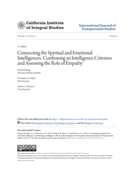 Connecting the Spiritual and Emotional Intelligences: Confirming an Intelligence Criterion and Assessing the Role of Empathy David B