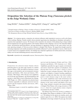 Oviposition Site Selection of the Plateau Frog (Nanorana Pleskei) in the Zoige Wetland, China