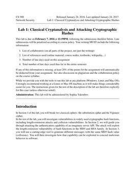 Lab 1: Classical Cryptanalysis and Attacking Cryptographic Hashes