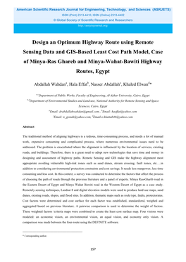 Design an Optimum Highway Route Using Remote Sensing Data and GIS-Based Least Cost Path Model, Case of Minya-Ras Ghareb and Minya-Wahat-Bawiti Highway Routes, Egypt