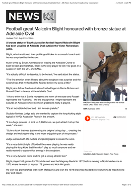 Football Great Malcolm Blight Honoured with Bronze Statue at Adelaide Oval - ABC News (Australian Broadcasting Corporation) 21/08/15 11:20 PM