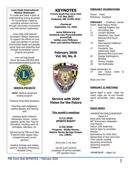 KEYNOTES FEBRUARY CELEBRATIONS Mission Statement Francis Scott Key Lions Club to Create and Foster a Spirit of Flower: Violet P.O