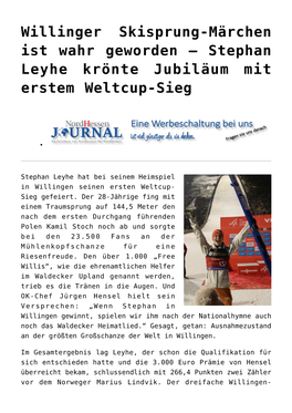 Stephan Leyhe Krönte Jubiläum Mit Erstem Weltcup-Sieg