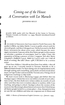 Jennifer Kelly Spoke with Lee Maracle in Her Home in Toronto, Ontario, Canada, on October 12, 1993