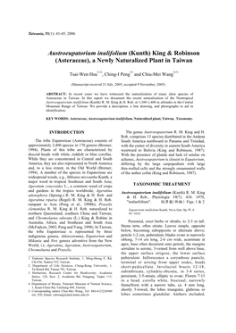 Austroeupatorium Inulifolium (Kunth) King & Robinson (Asteraceae), a Newly Naturalized Plant in Taiwan