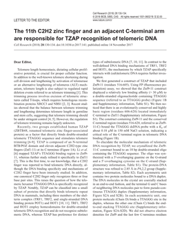 The 11Th C2H2 Zinc Finger and an Adjacent C-Terminal Arm Are Responsible for TZAP Recognition of Telomeric DNA Cell Research (2018) 28:130-134