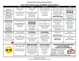 June Elementary and Middle School Lunch Menu