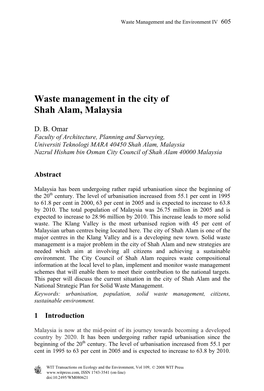 Waste Management in the City of Shah Alam, Malaysia