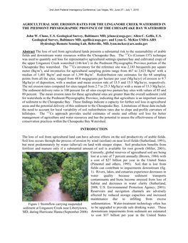 Agricultural Soil Erosion Rates for the Linganore Creek Watershed in the Piedmont Physiographic Province of the Chesapeake Bay Watershed