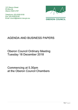 AGENDA and BUSINESS PAPERS Oberon Council Ordinary Meeting