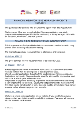 Financial Help for 16-19 Year Old Students 2020-2021