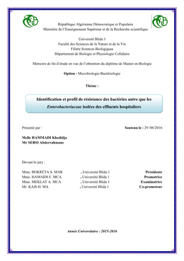 Identification Et Profil De Résistance Des Bactéries Autre Que Les Enterobacteriaceae Isolées Des Effluents Hospitaliers