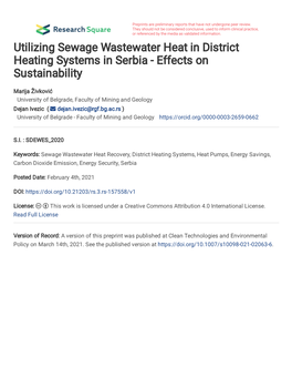 1 Utilizing Sewage Wastewater Heat in District Heating Systems in Serbia - Effects on 2 Sustainability