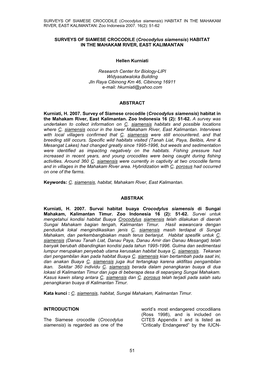 51 SURVEYS of SIAMESE CROCODILE (Crocodylus Siamensis) HABITAT in the MAHAKAM RIVER, EAST KALIMANTAN Hellen Kurniati Research