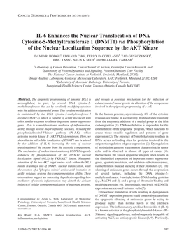 IL-6 Enhances the Nuclear Translocation of DNA Cytosine-5-Methyltransferase 1 (DNMT1) Via Phosphorylation of the Nuclear Localization Sequence by the AKT Kinase