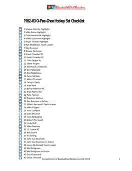 1982-83 O-Pee-Chee Hockey Set Checklist