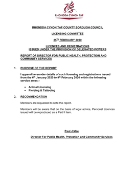 Rhondda Cynon Taf County Borough Council Licensing Committee 25Th February 2020 Licences and Registrations Issued Under The