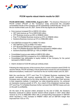 PCCW Reports Robust Interim Results for 2021