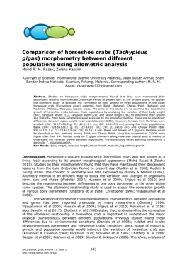 Comparison of Horseshoe Crabs (Tachypleus Gigas) Morphometry Between Different Populations Using Allometric Analysis Mohd R