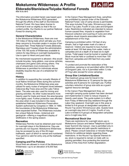 Mokelumne Wilderness: a Profile Eldorado/Stanislaus/Toiyabe National Forests ROG 16-34; 06/12