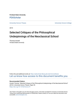 Selected Critiques of the Philosophical Underpinnings of the Neoclassical School